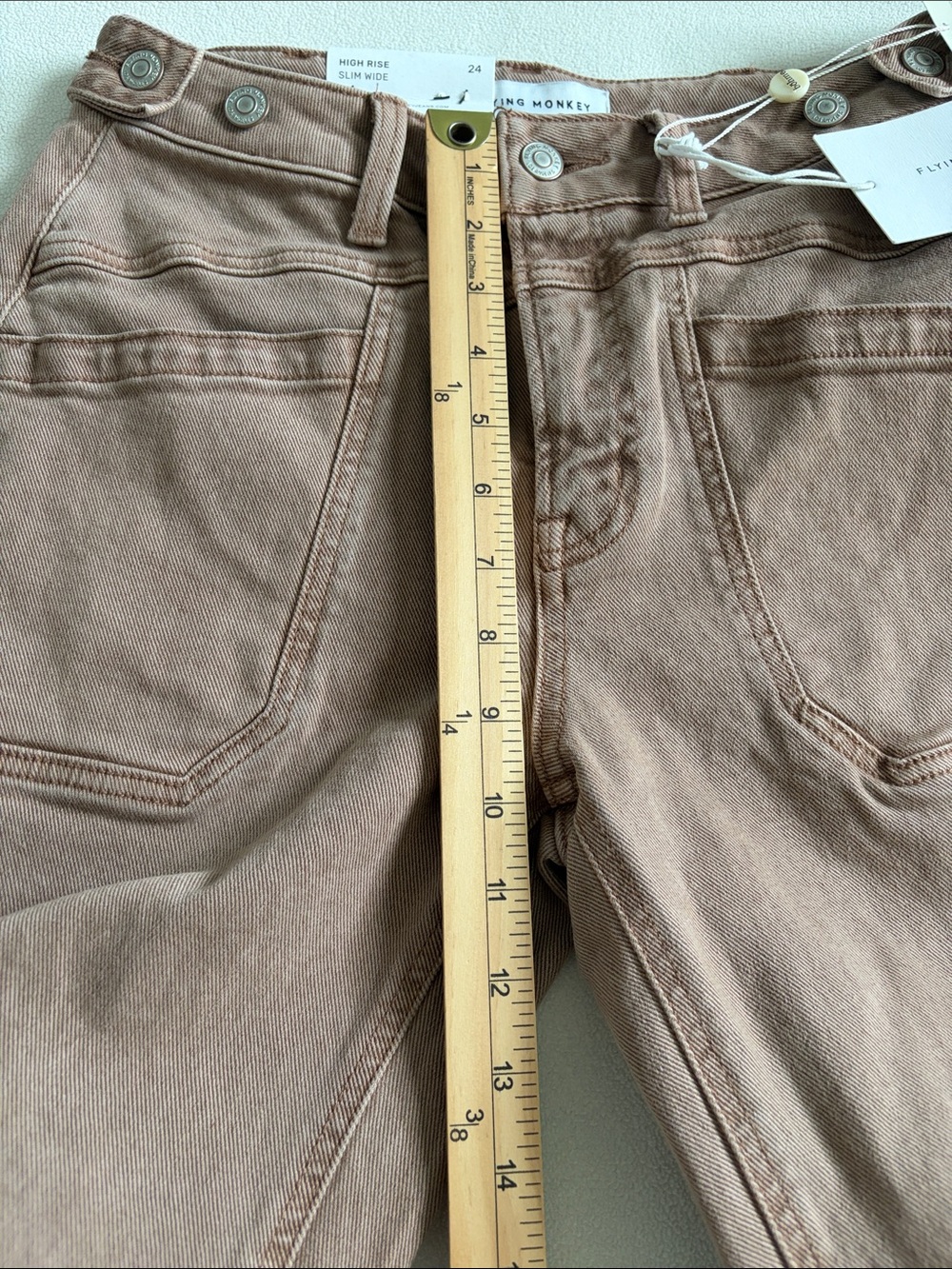 Flying Monkey Warm Taupe High Rise Tab Waistband Slim Wide Leg Jeans - Picture 7 of 11
